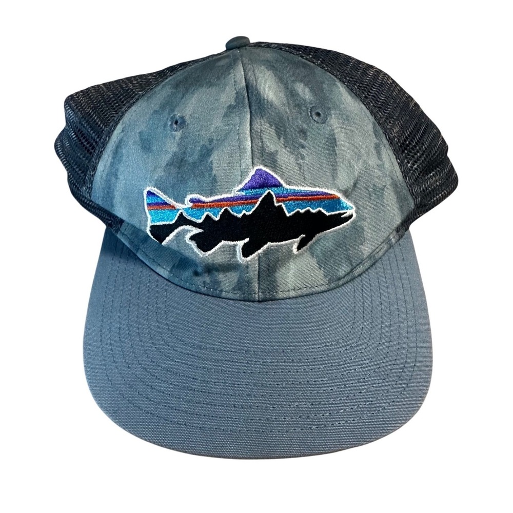 Patagonia Trout Fish Logo Trucker Hat Cap Blue Mesh Adjustable Men